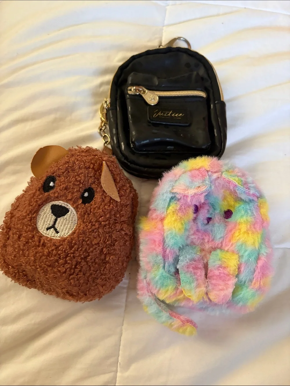 Justice Black Mini Backpack Coin Purse with Multicolor & Brown Plush Keychains